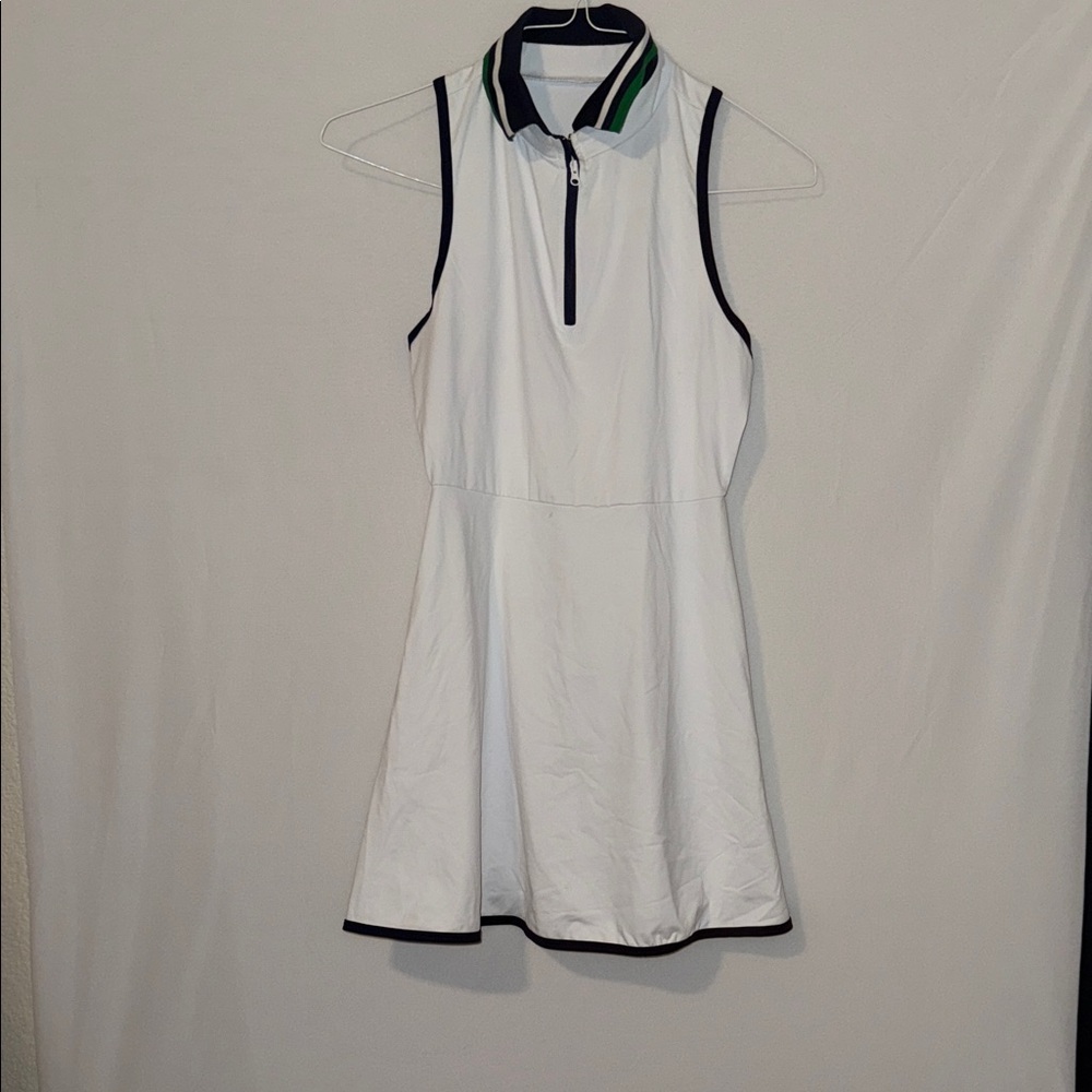 White Sleeveless Dress with Blue Trim
